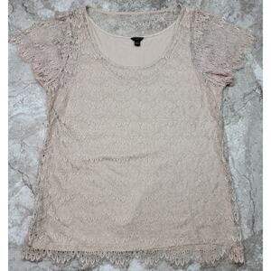 Women L Top Knit Pullover Short Sleeve Beige Lace Fairy Cottagecore Whimsical